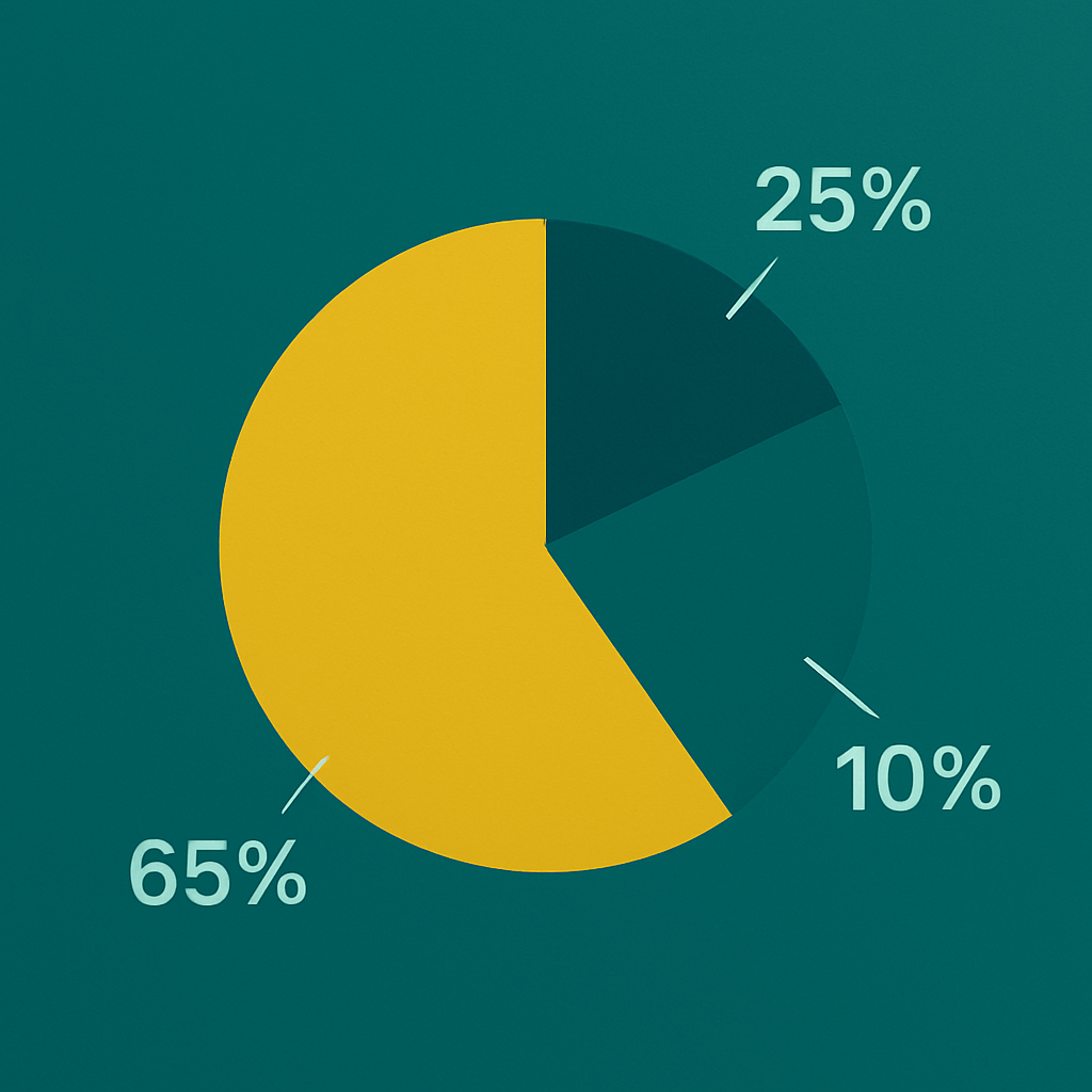 Pie chart with three segments labeled 65%, 25%, and 10% on a green background