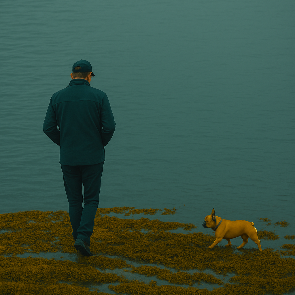 Man walking with a dog on a grassy area near a body of water